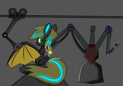 Size: 1280x899 | Tagged: safe, artist:askhypnoswirl, oc, oc only, oc:derpybot, bat pony, pony, robot, robot pony, assembly, glowing, machine, machinery, solo, sparks