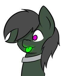 Size: 355x392 | Tagged: safe, artist:askhypnoswirl, oc, oc only, oc:maraco arco, bat pony, pony, collar, glowing, glowing tongue, smiling, tongue out