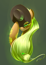 Size: 1021x1435 | Tagged: safe, artist:underpable, queen chrysalis, changeling, g4, disguise, disguised changeling, evil smile, fake applejack, fangs, female, glowing eyes, grin, smiling, solo