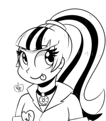 Size: 973x1111 | Tagged: safe, artist:notenoughapples, sonata dusk, equestria girls, g4, :p, bust, female, grayscale, lineart, monochrome, simple background, smiling, solo, tongue out, white background