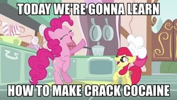 Size: 889x500 | Tagged: safe, edit, edited screencap, screencap, apple bloom, pinkie pie, earth pony, pony, call of the cutie, g4, caption, cocaine, drugs, female, filly, foal, image macro, meme, text