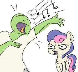Size: 920x856 | Tagged: safe, artist:nobody, bon bon, sweetie drops, oc, oc:anon, earth pony, human, g4, bon bon is not amused, disgusted, singing, sketch