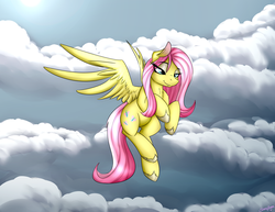 Size: 6600x5100 | Tagged: safe, artist:strachattack, fluttershy, g4, absurd resolution, cloud, female, flying, solo
