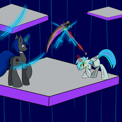 Size: 1280x1280 | Tagged: safe, artist:askhypnoswirl, oc, oc only, oc:thedoctor, oc:vinyl darkscratch, alicorn, cyborg, pony, alicorn oc, fight, magic, scythe, sword, weapon