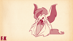Size: 1280x720 | Tagged: safe, artist:fluttershythekind, fluttershy, bat pony, pony, g4, eating, fangs, female, flutterbat, food, herbivore, monochrome, open mouth, pumpkin, sketch, solo, tongue out, wide eyes, wing hold