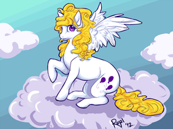 Size: 1041x780 | Tagged: safe, artist:rajal, surprise, g1, g4, cloud, female, g1 to g4, generation leap, looking at you, messy mane, sitting, solo, spread wings