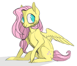 Size: 1280x1110 | Tagged: safe, artist:jellybeanbullet, fluttershy, g4, female, looking back, simple background, sitting, solo