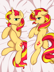 Size: 800x1067 | Tagged: safe, artist:theparagon, sunset shimmer, pony, unicorn, g4, bedroom eyes, body pillow, body pillow design, butt, female, looking at you, lying down, on back, plot, prone, solo
