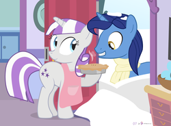 Size: 1000x735 | Tagged: safe, artist:dm29, night light, twilight velvet, pony, unicorn, g4, advent calendar, apron, clothes, cute, eyes on the prize, female, food, grin, holiday horse days, husband and wife, male, pie, ship:nightvelvet, shipping, smiling, snow, squee, straight