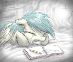Size: 2033x1712 | Tagged: safe, artist:dawnmistpony, sunshower raindrops, g4, book, crying, eyes closed, female, floppy ears, gritted teeth, injured, nose wrinkle, pencil, sad, solo