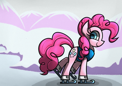 Size: 1754x1240 | Tagged: safe, artist:rambopvp, pinkie pie, earth pony, pony, g4, winter wrap up, female, ice skates, ice skating, mare, snow, solo, weather team, winter, winter wrap up vest