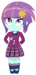 Size: 2100x4300 | Tagged: safe, artist:emera33, sunny flare, equestria girls, g4, my little pony equestria girls: friendship games, bowtie, chibi, clothes, crystal prep academy uniform, female, looking at you, school uniform, simple background, skirt, solo, transparent background