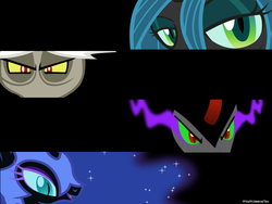 Size: 1600x1200 | Tagged: safe, artist:bronyb34r, artist:lcpsycho, artist:luckysmores, artist:mikamckeena, artist:sapoltop, discord, king sombra, nightmare moon, queen chrysalis, g4, bars, black background, dem eyes, simple background, vector, wallpaper