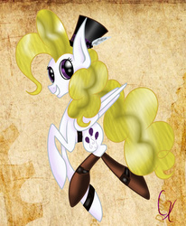 Size: 2841x3456 | Tagged: safe, artist:surprisehouse3338, surprise, pegasus, pony, g1, g4, clothes, female, folded wings, g1 to g4, generation leap, grin, hat, high res, looking at you, mare, smiling, solo, stockings, tail, top hat, wings