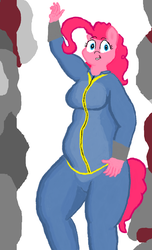 Size: 845x1390 | Tagged: safe, artist:lupin quill, pinkie pie, earth pony, anthro, g4, chubby, clothes, fallout, fat, female, jumpsuit, ms paint, simple background, solo, vault suit, waving