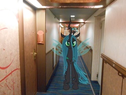 Size: 2272x1704 | Tagged: safe, artist:oceanrailroader, artist:zantyarz, queen chrysalis, g4, carpet, cruise ship, doors, hallway, irl, looking at you, photo, ponies in real life, vector