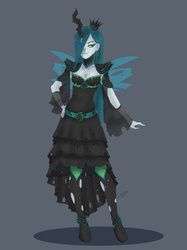 Size: 800x1067 | Tagged: safe, artist:yutaila, queen chrysalis, human, g4, clothes, dress, female, humanized, smiling, solo