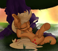 Size: 2000x1742 | Tagged: safe, artist:madacon, applejack, earth pony, pony, g4, ear fluff, eyes closed, female, mare, on back, relaxing, solo, straw, sunset, tree