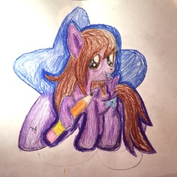 Size: 1136x1136 | Tagged: safe, artist:linormusicbeatpone, oc, oc only, oc:karinsuperdraw, female, filly, holding, pencil, traditional art