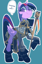 Size: 1300x2000 | Tagged: safe, artist:cakewasgood, owlowiscious, twilight sparkle, alicorn, pony, g4, archmage khadgar, clothes, crossover, female, khadgar, looking at you, mare, raised hoof, smiling, solo, staff, twilight sparkle (alicorn), warcraft, world of warcraft