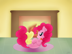 Size: 4000x3000 | Tagged: safe, artist:fluttair, pinkie pie, g4, clothes, ear fluff, female, fireplace, on back, socks, solo, tongue out