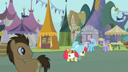 Size: 1366x768 | Tagged: safe, screencap, apple bloom, cloud kicker, doctor whooves, linky, shoeshine, time turner, earth pony, pony, family appreciation day, g4, my little pony: friendship is magic, male, stallion