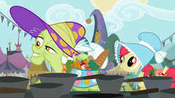 Size: 1366x768 | Tagged: safe, screencap, apple bloom, granny smith, earth pony, pony, family appreciation day, g4, apple, banana, bonnet, bread, cabbage, candy, carrot, female, filly, food, frown, hat, lip bite, lollipop, mare, pot, potato, raised eyebrow, saddle bag, scroll, turnip