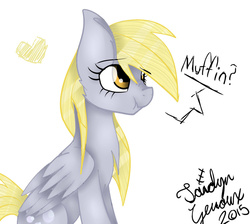 Size: 1024x916 | Tagged: safe, artist:jaidyn-fangtrap, derpy hooves, pegasus, pony, g4, bronybait, cute, female, heart, mare, scrunchy face, simple background, sitting, solo