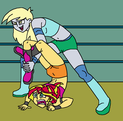 Size: 806x792 | Tagged: safe, artist:avispaneitor, derpy hooves, sunset shimmer, equestria girls, g4, backbend, belly button, chest stand, clothes, cloverleaf (wrestling hold), flexible, midriff, pain, sports bra, submission, submission hold, sunset screamer, wrestling, wrestling ring