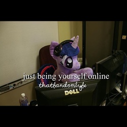 Size: 640x640 | Tagged: safe, artist:bow2yourwaifu, artist:plushwaifus, twilight sparkle, g4, computer, dell, headphones, irl, justponythings, meme, online, photo, plushie, solo, water bottle