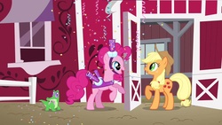 Size: 1280x720 | Tagged: safe, screencap, applejack, gummy, pinkie pie, g4, party of one, season 1, singing telegram, youtube link