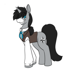 Size: 1500x1500 | Tagged: safe, artist:novelt-deer-pony, artist:noveltmods, artist:taren14, oc, oc only, pony, unicorn, clothes, cravat, grin, jacket, ponytail, shirt