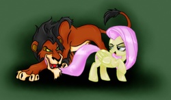 Size: 900x525 | Tagged: safe, artist:gddisgrace, fluttershy, big cat, lion, pegasus, pony, g4, crossover, duo, female, flutterbitch, green background, male, mare, scar (the lion king), simple background, the lion king
