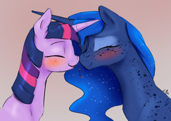 Size: 1280x905 | Tagged: safe, artist:silfoe, princess luna, twilight sparkle, pony, royal sketchbook, g4, blushing, boop, cute, eyes closed, female, freckles, heart, horn, horns are touching, lesbian, lunabetes, mare, noseboop, nuzzling, ship:twiluna, shipping, smiling, twiabetes
