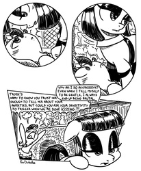 Size: 650x788 | Tagged: safe, artist:foudubulbe, maud pie, trixie, pony, unicorn, comic:damp rocks, g4, angry, bedroom eyes, black and white, comic, dialogue, female, fourth wall, grayscale, lesbian, mare, monochrome, ship:mauxie, shipping, speech bubble