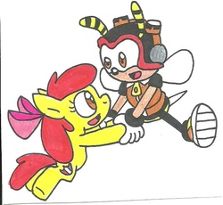 Size: 684x628 | Tagged: safe, artist:cmara, apple bloom, crusaders of the lost mark, g4, charmy bee, crossover, cutie mark, male, sonic the hedgehog, sonic the hedgehog (series), the cmc's cutie marks, traditional art