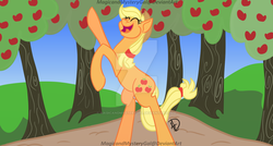 Size: 1024x550 | Tagged: safe, artist:magicandmysterygal, applejack, g4, apple, eyes closed, female, food, solo, standing, tree, watermark