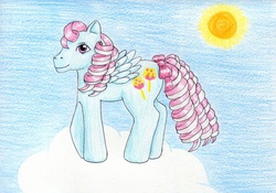 Size: 1024x715 | Tagged: safe, artist:normaleeinsane, sugar apple, pegasus, pony, g1, candy cane pony, female, solo, traditional art