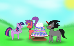 Size: 808x500 | Tagged: safe, artist:franciska1991, king sombra, twilight sparkle, alicorn, genie, pony, g4, birthday, birthday cake, cake, female, food, mare, ponified, shantae, shantae (character), twilight sparkle (alicorn)