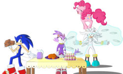 Size: 2500x1500 | Tagged: safe, artist:polaicy, pinkie pie, earth pony, pony, turkey, g4, blaze the cat, cooked, crossover, cupcake, dead, female, food, levitation, magic, male, mare, meat, psychic powers, silver the hedgehog, sonic the hedgehog, sonic the hedgehog (series), table, telekinesis