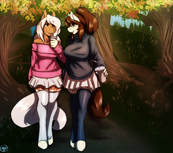 Size: 1635x1450 | Tagged: safe, artist:avante92, oc, oc only, oc:colette laitier, oc:sundae, earth pony, anthro, unguligrade anthro, anthro oc, autumn, clothes, forest, smoothie, sweater, walking