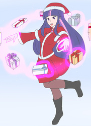 Size: 1280x1765 | Tagged: safe, artist:jonfawkes, twilight sparkle, human, g4, clothes, commission, female, humanized, levitation, magic, open mouth, present, santa costume, solo, telekinesis