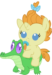 Size: 796x1142 | Tagged: safe, artist:red4567, gummy, pumpkin cake, pony, g4, baby, baby pony, cute, pacifier, ponies riding gators, pumpkin cake riding gummy, pumpkinbetes, recolor, riding