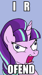 Size: 369x651 | Tagged: safe, artist:zoarvek, edit, starlight glimmer, g4, caption, derp, faic, female, frown, image macro, meme, offended, open mouth, reaction image, solo, wide eyes
