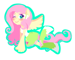 Size: 1280x1024 | Tagged: safe, artist:prairiedennis, fluttershy, equestria girls, g4, blushing, boots, clothes, female, ponied up, skirt, socks, solo, tank top, wink