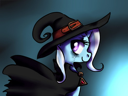 Size: 1280x960 | Tagged: safe, artist:whale, trixie, pony, unicorn, g4, alternate universe, amulet, cloak, clothes, female, hat, mare, smiling, solo, sword rara, wicxie, witch