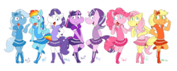 Size: 1500x600 | Tagged: safe, artist:machu, applejack, fluttershy, pinkie pie, rainbow dash, rarity, starlight glimmer, trixie, twilight sparkle, semi-anthro, g4, boots, bow, clothes, dress, mane six, shirt, shoes, simple background, skirt, white background