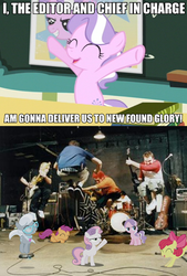 Size: 418x620 | Tagged: safe, apple bloom, diamond tiara, scootaloo, silver spoon, sweetie belle, human, g4, band, caption, drums, guitar, happy, irl, irl human, jumping, meme, music, musical instrument, new found glory, photo, pun
