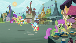 Size: 1366x768 | Tagged: safe, screencap, apple bloom, berry punch, berryshine, cherry berry, granny smith, merry may, parasol, earth pony, pegasus, pony, family appreciation day, g4, animation error, background pony, female, filly, joke shop, mare, market, ponyville, saddle bag, wingless