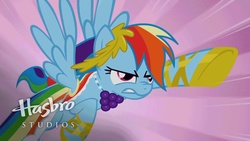 Size: 1920x1080 | Tagged: safe, screencap, rainbow dash, pegasus, pony, g4, season 1, the best night ever, at the gala, clothes, dress, female, flying, frown, gala dress, hasbro studios, mare, music video, solo, spread wings, teeth, wings, youtube link